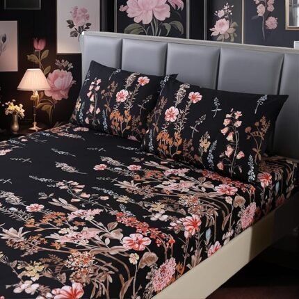 Microfiber Black Floral Queen Sheet Set – 3 Pcs